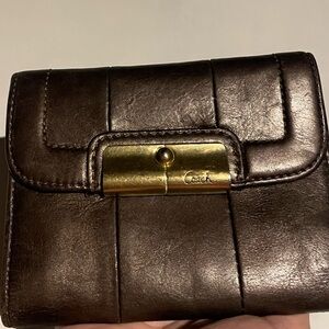 Coach Dark Brown Metallic Kristen Leather Wallet with Gold Accent